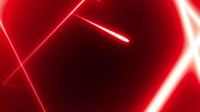bright red neon lines on black background are forming motion triangle tunnel. Abstract backdrop 3D rendering 4k video.
