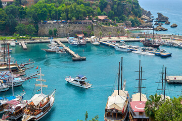 Obraz premium Old Town Marina Turkey. View of the Bay in Antalya, Selective focus. Turkey - June 14, 2019