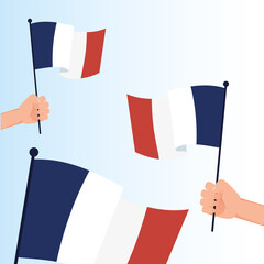 Hands holding france flags of happy bastille day vector design