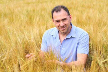 Naklejka na ściany i meble Man in rye field, agricultural harvest season