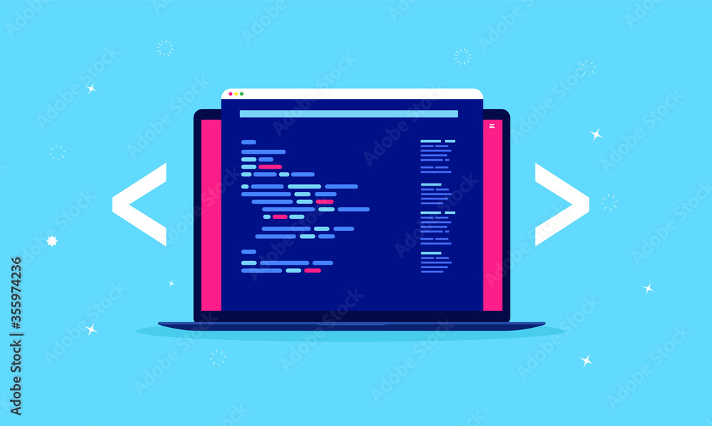 Leinwandbilder Web development - Laptop computer with coding software popping out of screen. Unrecognisable code language. Vector illustration.