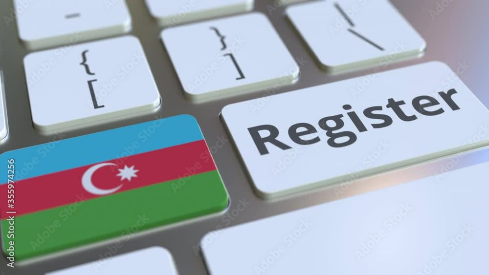 Aufkleber register text and flag of azerbaijan on the keyboard. online services related 3d animation