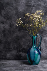 Blue jug vase with bulk gypsophila dried white flowers on dark textured stone background, angle view