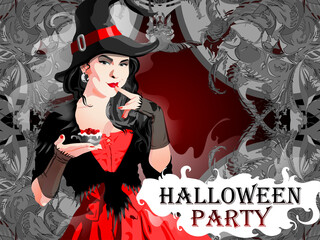 Halloween Illustration in the style of luxury:Sexy witch in a hat on a rich intricate background. Party advertising template.