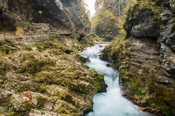 Long exposure of waterfalls in Vintgar gorge in the Fall in Slovenia
