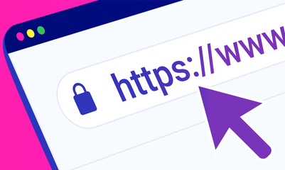 Surfing the web with ssl encryption. Browser window with mouse pointer and https address. Vector illustration. - obrazy, fototapety, plakaty
