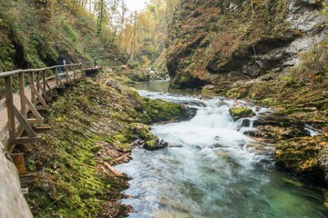 Long exposure of waterfalls in Vintgar gorge in the Fall in Slovenia