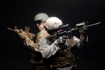 American special forces on special missions at night, two rangers in military equipment and weapons aiming in the dark