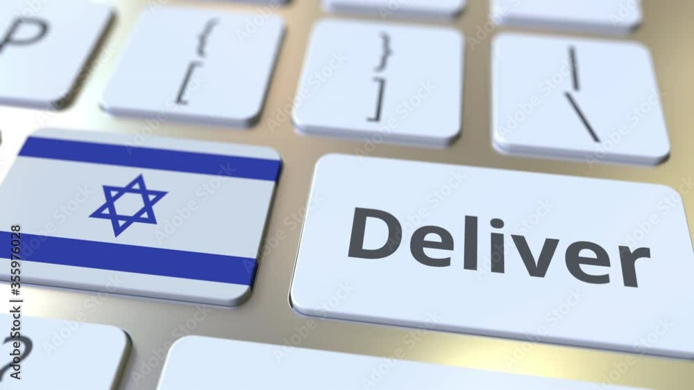Poster deliver text and flag of israel on the computer keyboard. logistics related 3d animation