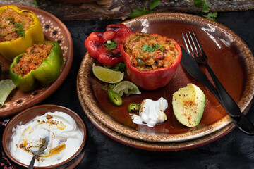 Vegetarian rice stuffed peppers along with side dishes in a traditional Mexican setting