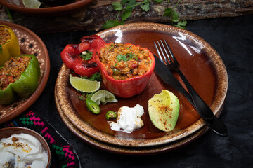 Vegetarian rice stuffed peppers along with side dishes in a traditional Mexican setting
