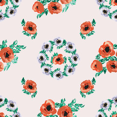 Seamless pattern in small cute flowers of poppy. Regular order millefleurs.  Floral background for textile, wallpaper, covers, surface, print, wrap, scrapbooking, decoupage.
