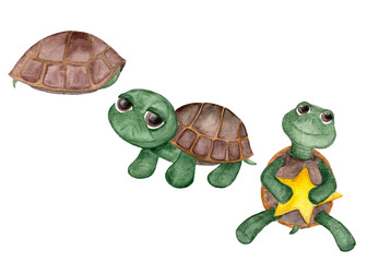 Set of cute little turtle sleeping, smiling, playing with a yellow star. Watercolor drawing