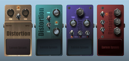 Set of realistic guitar pedal effects. Vector.