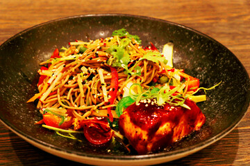japanese soba noodle salad with teriyaki salmon