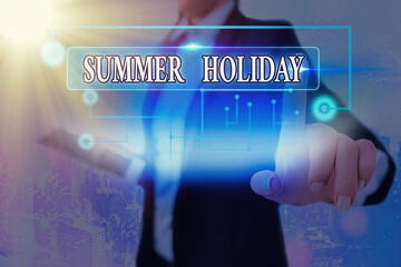 Text sign showing Summer Holiday. Business photo text special period of time in summer for...