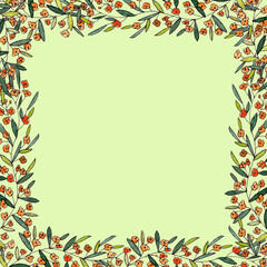 Fototapeta na wymiar frame of branches with long leaves and orange flowers on a green background.