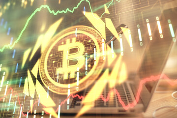 Double exposure of man's hands holding and using a phone and crypto currency blockchain theme drawing.