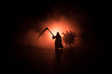 Death with a scythe in the dark misty forest. Woman horror ghost holding reaper in forest,...