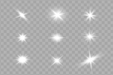 White glowing light explodes on a transparent background. Sparkling magical dust particles. Bright Star. Transparent shining sun, bright flash. Vector sparkles. To center a bright flash