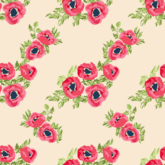 Seamless delicate pattern of poppy bouquets. Summer flowers. Floral diagonal seamless background for textile or book covers, manufacturing,