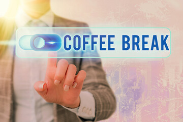 Word writing text Coffee Break. Business photo showcasing short time allotted for drinking coffee without doing any work