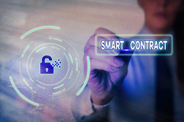 Conceptual hand writing showing Smart Contract. Concept meaning digital agreement to control the...