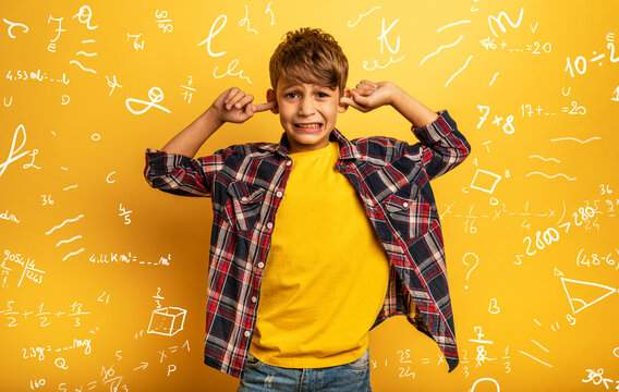 Child covers his ears because he does not want to hear math explanations. Yellow background