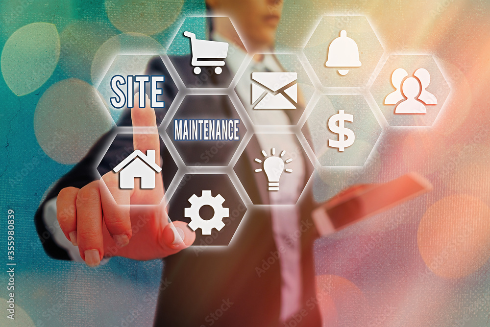 Aufkleber word writing text site maintenance. business photo showcasing monitoring and regularly checking your