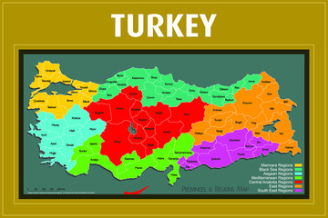 Vector map of Turkey provinces and regions. Full-scale and real boundaries are drawn. 