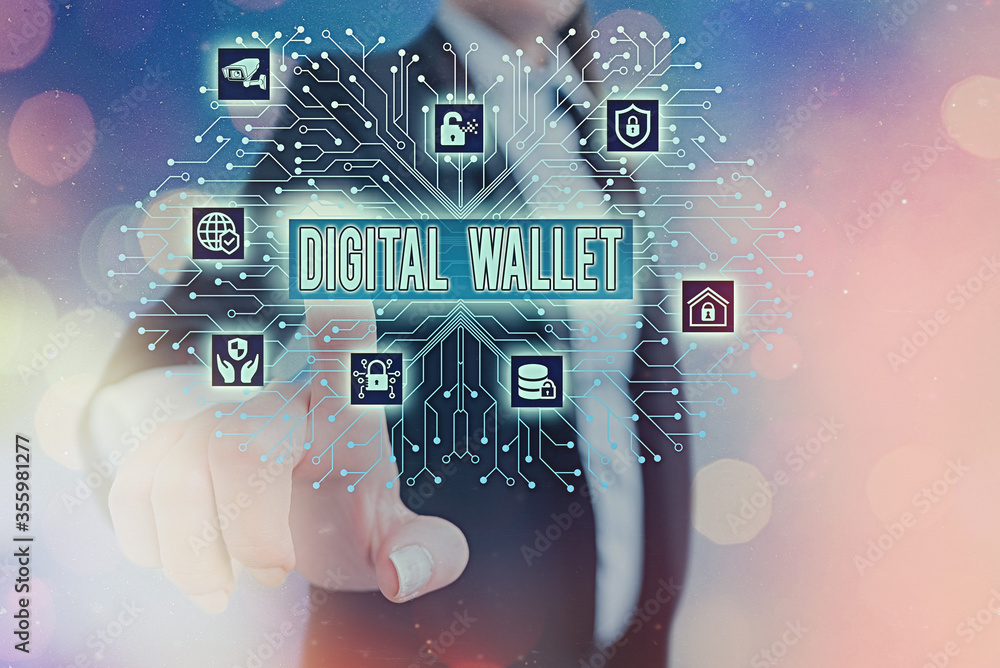 Poster writing note showing digital wallet. business concept for a financial account that allows creating a