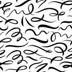 Wavy and swirled brush strokes vector seamless pattern. Black paint freehand scribbles, abstract ink background.