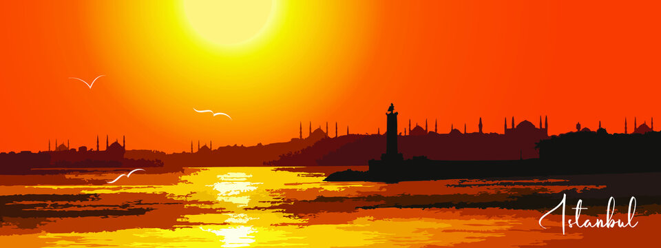 Istanbul city, Turkey. Vector panoramic image of Istanbul. It can be used as a poster. Urban sunset panoramic cityscape. Landmark buildings and mosques silhouette skyline. Travel background