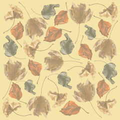 Pale brown, red and black acrylic leaves on light background: square floral illustration, autumn hand drawn background.