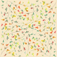 Colorful triangle leaves on light background: square watercolor illustration, hand drawn floral background.
