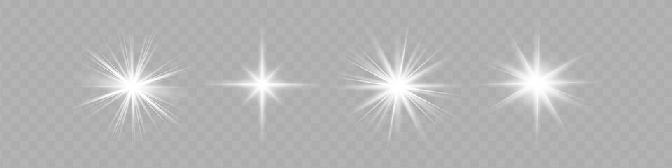 White glowing light explodes on a transparent background. Sparkling magical dust particles. Bright Star. Transparent shining sun, bright flash. Vector sparkles. To center a bright flash