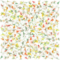 Colorful triangle leaves on white background: square watercolor illustration, hand drawn floral background.
