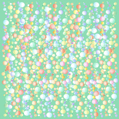 Colorful bubbles on light-green background: square watercolor illustration, abstract hand drawn background.