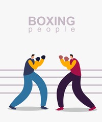 Two men boxing on a ring vector illustration. Fighting people. Corporate battle concept. Poster for sport event or managers compition at work. Conflict between marketing characters. Box sparring.