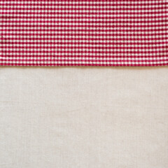 Country Style Red and White Checked Cloth Napkin along side of Off White Linen Tablecloth as blank...