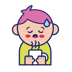 man with fever sick drinking tea kawaii line style