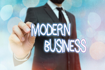 Word writing text Modern Business. Business photo showcasing recent business incorporated with...