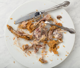 Messy Dinner Plate of chicken bones left after eating the meat off them. It's a horizontal crop...