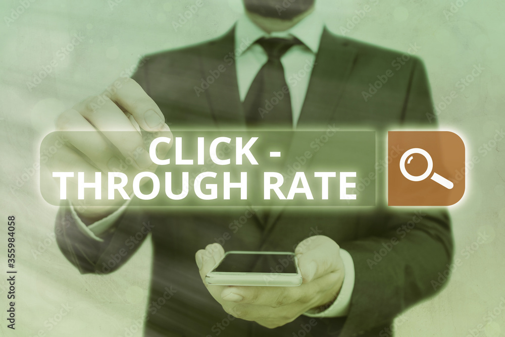 Poster handwriting text click through rate. conceptual photo number of clicks divide it by impressions equa