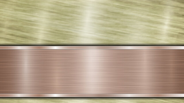 Background consisting of a golden shiny metallic surface and one horizontal polished bronze plate located below, with a metal texture, glares and burnished edges