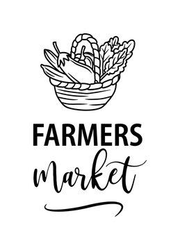 Farmers market hand drawn doodles badges, logo, icon, label. Vector brush lettering typography - farmers market on a white background. Farm market natural organic product brand sign symbol.