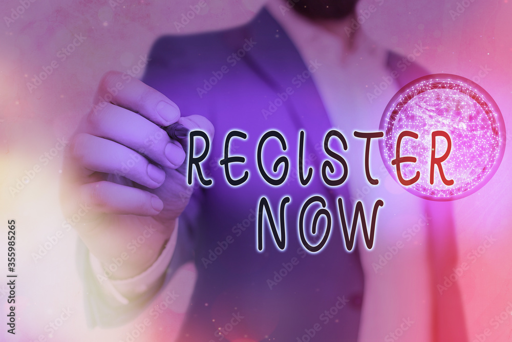 Poster writing note showing register now. business concept for subscribe online or apply immediately to mak