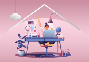 Work from home concept, Young woman freelancers working on laptops at home. People at home in quarantine. Pink background front view, Staying at home vector illustration. Flat Design character - obrazy, fototapety, plakaty
