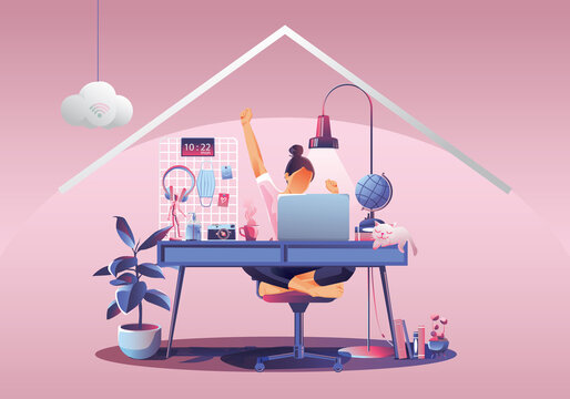 Work from home concept, Young woman freelancers working on laptops at home. People at home in quarantine. Pink background front view, Staying at home vector illustration. Flat Design character