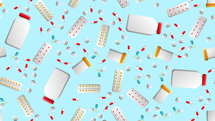 Endless seamless pattern of medical scientific medical objects icons jars with pills capsules on a blue background. Vector illustration